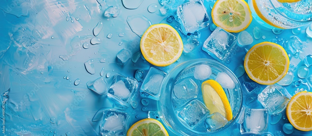 Poster background showcasing a refreshing summer theme featuring blue detox water fresh slices of lemon and