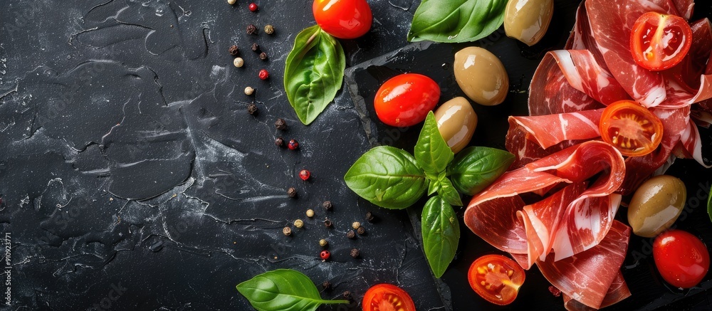 Poster Jamon with cherry tomatoes basil and olives on a black background in a top view image with selective focus and copy space available