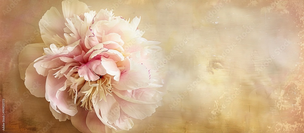 Poster a single pink and white peony in vintage painting style on a textured golden canvas or paper backgro