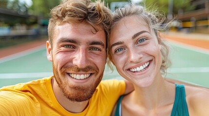 Fototapeta premium A Happy Athletic Couple Having Fun While Taking A Selfie On The Outdoor Basketball Court, Wallpaper Pictures, Background Hd