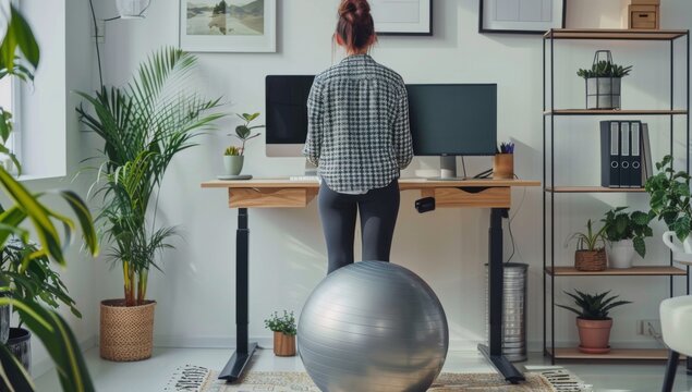 A woman is working at standing desk, using the ball to support their back while. The concept of home office