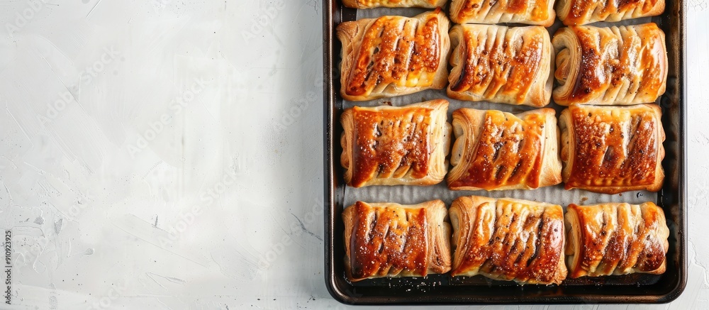 Poster Sausage rolls arranged on a baking tray on a white table background in a top view photo with space for text or design known as a copy space image