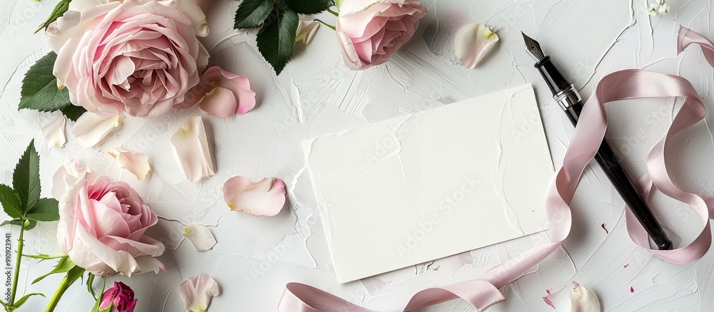 Poster a mockup featuring a postcard pink roses ink pen ink and ribbon on a white background with copy spac