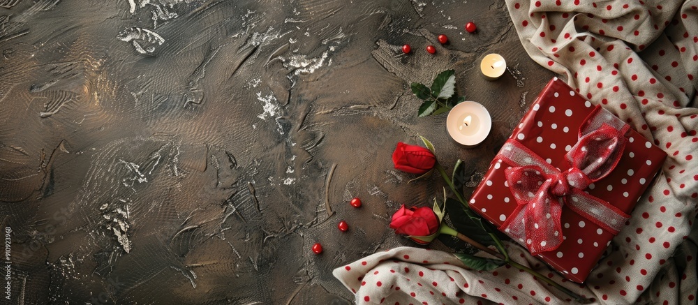 Aufkleber a romantic gift idea featuring a red box tied with a bow candles fake flowers and a polka dot cloth 