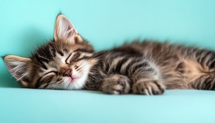 A tiny, adorable kitten is soundly sleeping on a soft blue surface in a cozy environment