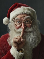 Naklejka premium A portrait of Santa Claus with a playful twinkle in his eye, placing a finger to his lips in a gesture of secrecy and surprise. 