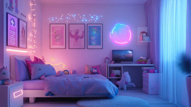 Teen girl's room with neon lights and posters on the wall. There's plenty of space for your own designs.