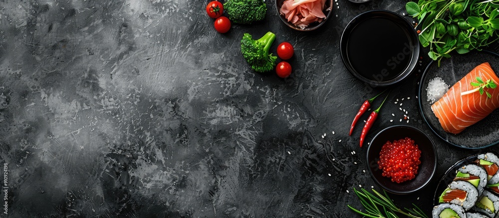 Poster Preparing sushi with fresh ingredients including raw fish with a blank space for an image. Creative banner. Copyspace image