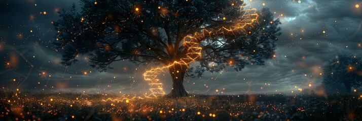 DNA Tape Around Tree. Biology, Nano Research, Science, DNA, plants, genetic tree. symbol, genus, banner. copy space