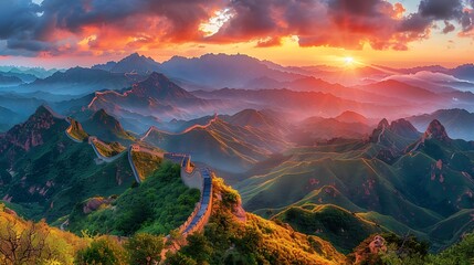 Fototapeta premium The Great Wall of China at Jinshanling during sunset, with warm golden light illuminating the wall, dramatic clouds in the sky, and the mountains bathed in soft light. DSLR, wide-angle lens,