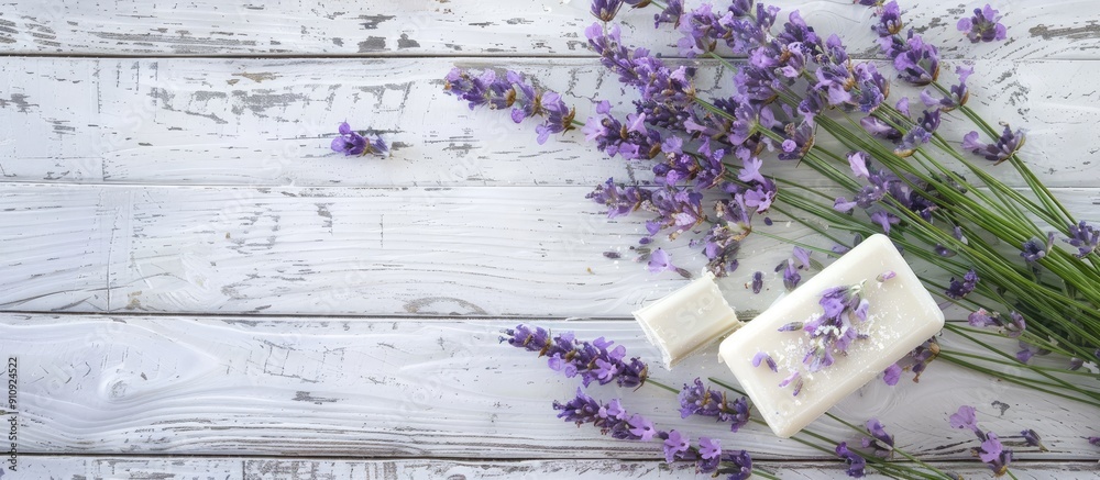 Aufkleber white wood table with lavender flowers and soap bar creating a serene copy space image