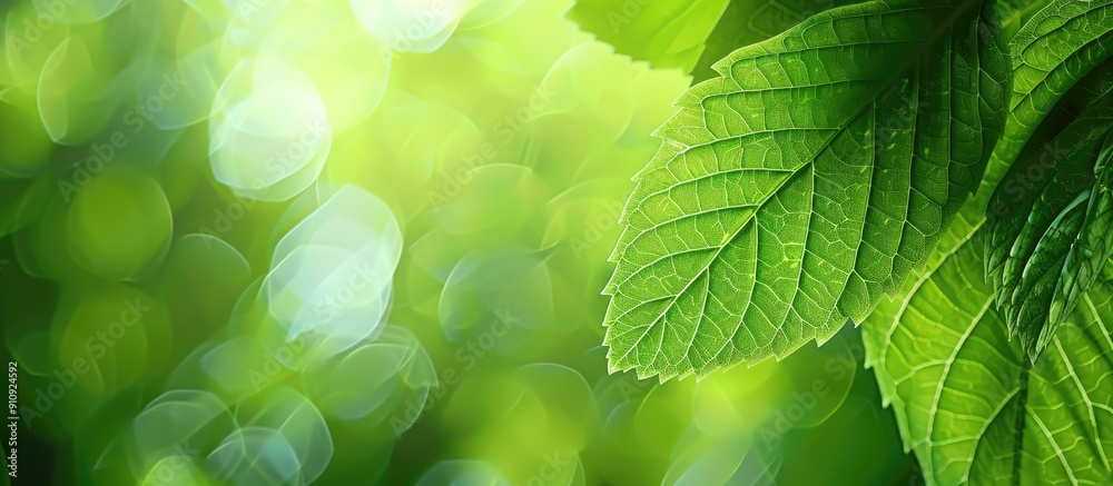 Fototapete green leaf in close up with a blurred greenery backdrop providing copy space for text ideal for fres