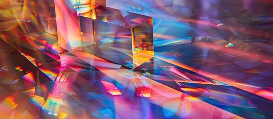 Multicolored light reflections through a glass crystal prism create a stunning visual display with captivating hues and patterns perfect for a copy space image