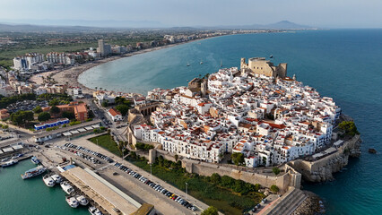 Peñiscola castle and beach drone aerial view