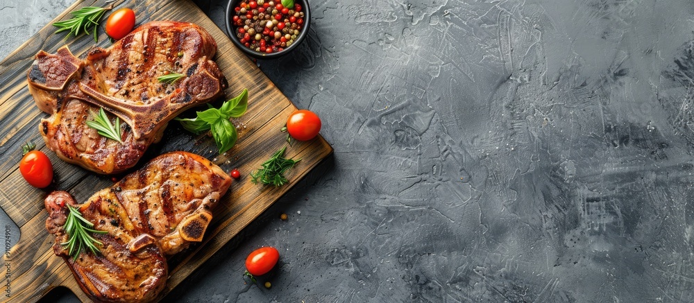 Aufkleber top view of sliced grilled pork chop or t bone steak on a wooden board set against a gray background