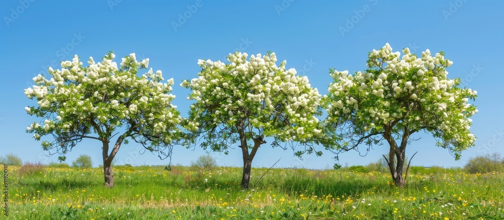 Aufkleber flowering pear trees with a picturesque blue sky backdrop exhibiting a spring setting showcasing a d