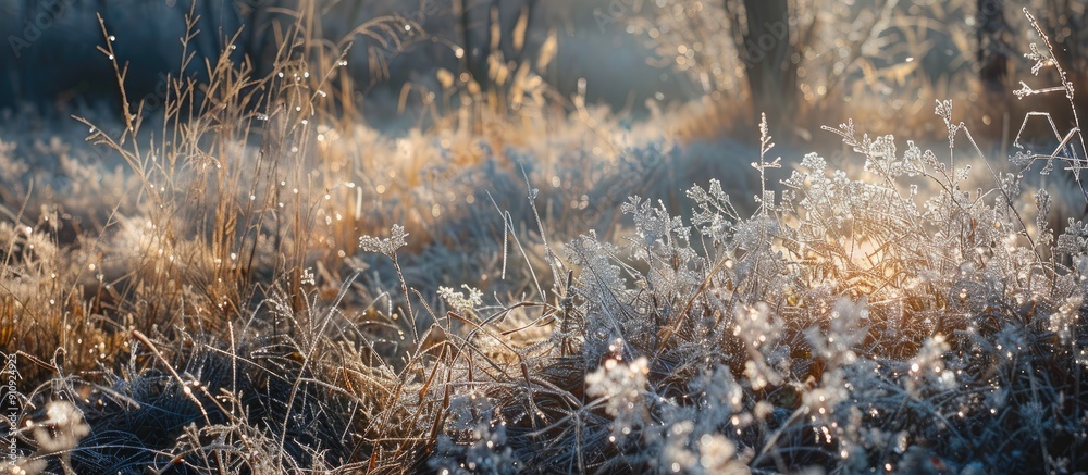Leinwandbilder in the evening sun the grass and branches are covered in large crystal like frost creating a serene 