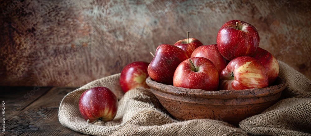 Poster ripe juicy apples freshly picked and arranged in a clay bowl on sackcloth creating a rustic display 