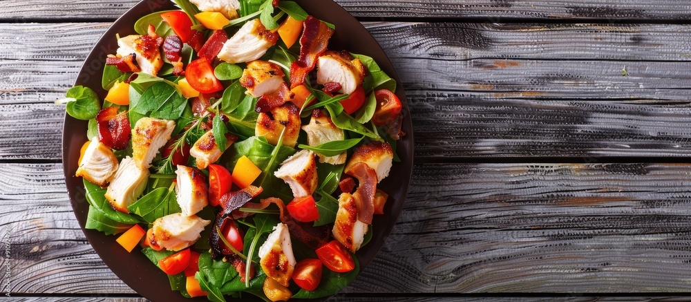 Poster Top down view of a rustic vegetable salad with chicken and bacon featuring a free area for text suitable as a copy space image