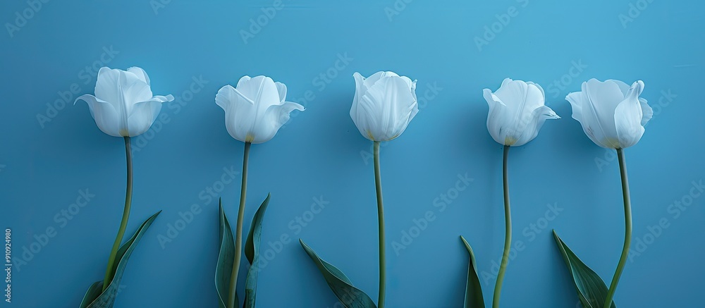 Poster a serene blue backdrop with five tulips ideal for a copy space image