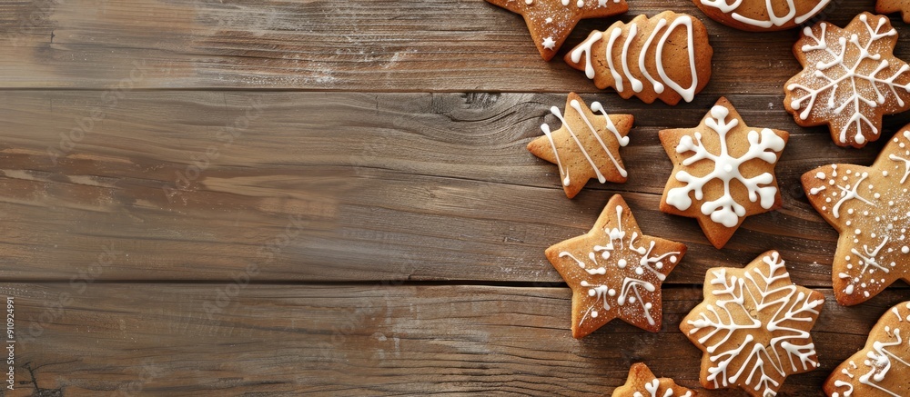 Poster various delicious christmas cookies on a wooden surface viewed from above allowing for text in the c