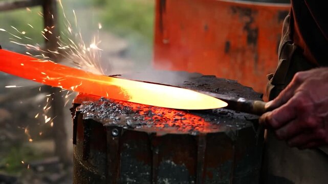 A skilled blacksmith shapes a heated sword blade on an anvil, sparks flying as they strike it with a hammer