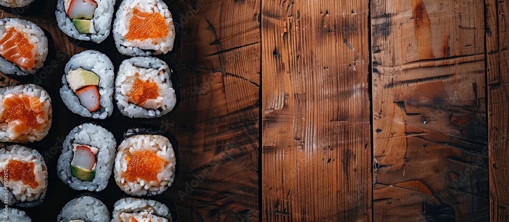 Poster a top down view of sushi displayed on a wooden table featuring a copy space image