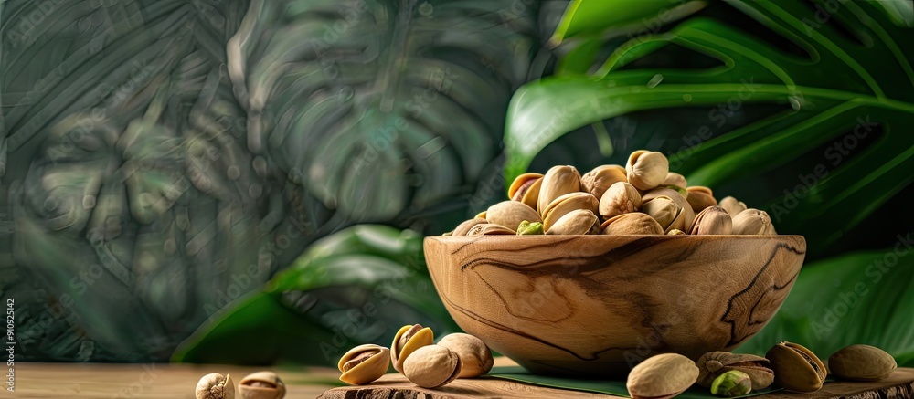 Poster wooden bowl filled with salted pistachios on a table with a green banana leaf backdrop allowing for 
