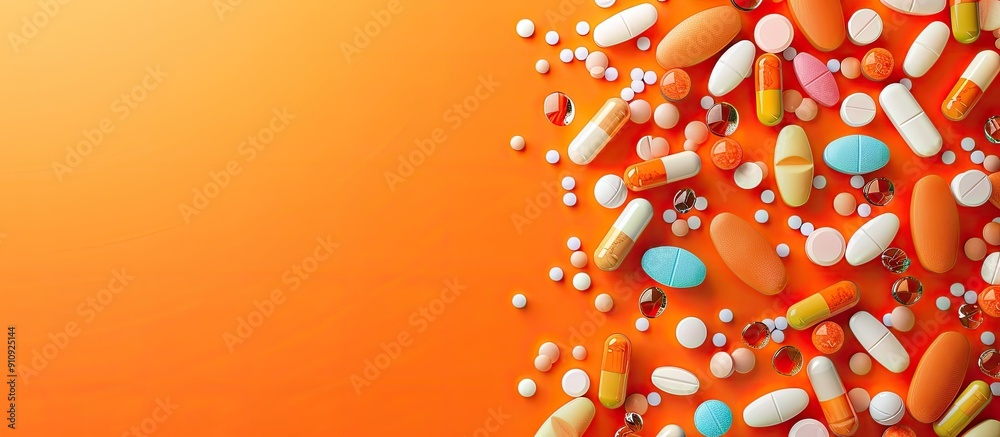 Poster variety of pharmaceutical pills and tablets on an orange backdrop with ample space for text creating