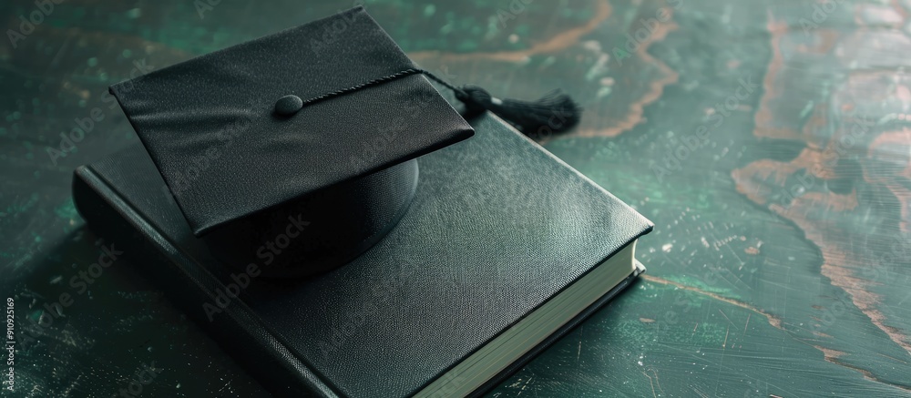 Poster Graduation cap resting on a book with a blank area for an image symbolizing the concept of obtaining knowledge at a university. Creative banner. Copyspace image