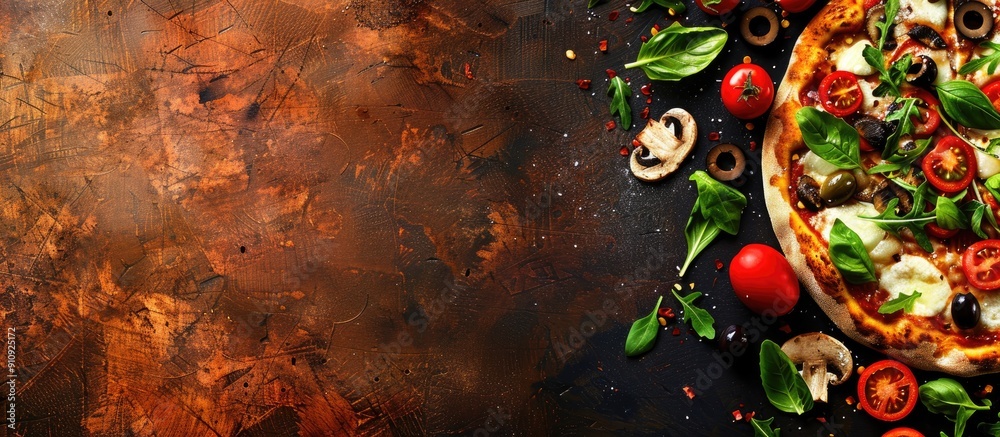 Poster italian pizza topped with mozzarella tomato olives mushrooms and arugula on a background with copy s