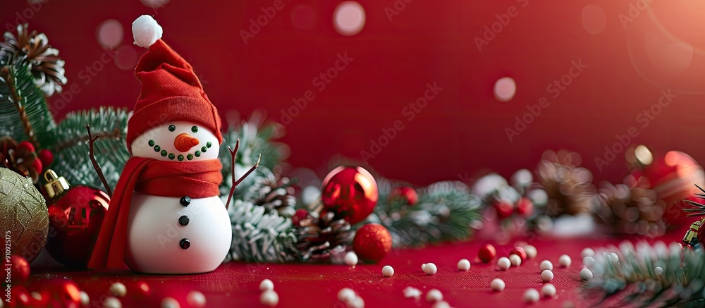 Poster a snowman stands beside christmas decorations on a red background with a blank area for text or imag