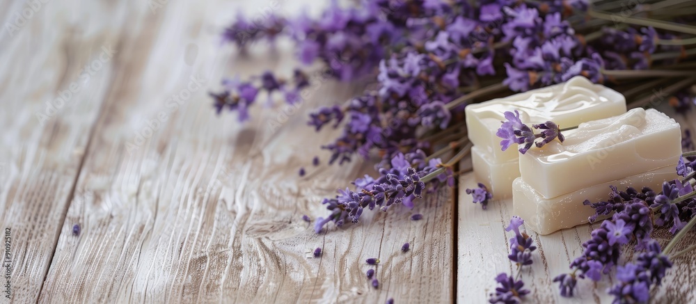 Aufkleber white wood table with lavender flowers and soap bar creating a serene copy space image