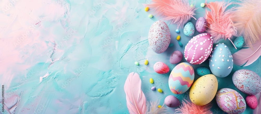Poster happy easter holidays with a festive arrangement of vibrant easter eggs feathers and a pastel backdr
