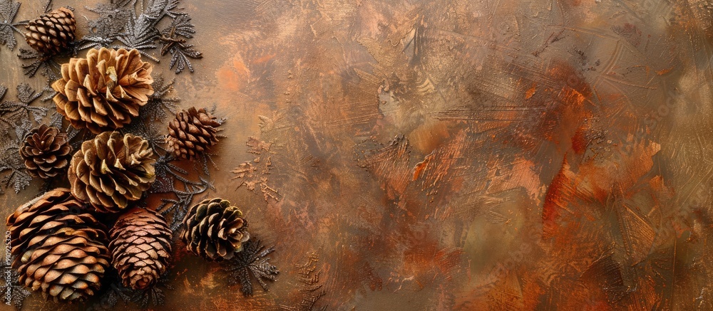 Poster Rustic brown backdrop adorned with pine cones and a designated area for text or images known as copy space image