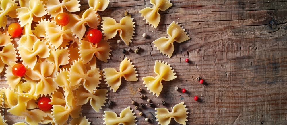 Aufkleber farfalle pasta with veggies on wooden surface viewed from above with room for text or image. creativ