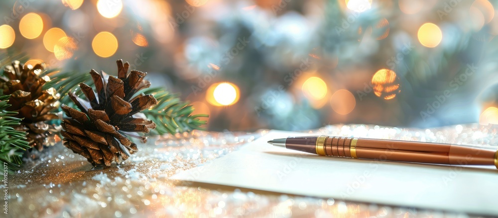 Poster Writing a Christmas letter to Santa with a pen and empty space for an image. Creative banner. Copyspace image