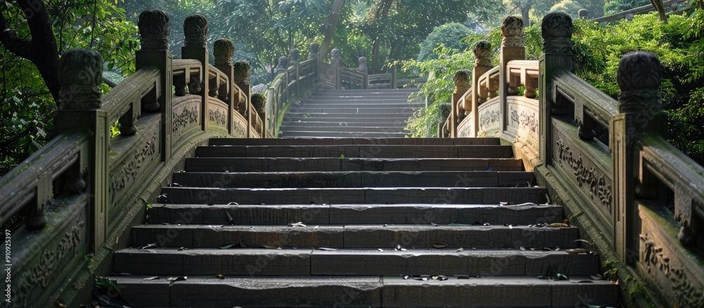 Aufkleber a picture of the stairway on a bridge within a serene tea garden setting with ample copy space image