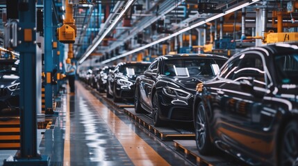 Sleek black cars on an automated assembly line in a modern manufacturing plant with bright lights. Concepts of industrial automation, automotive engineering, and mass production efficiency.