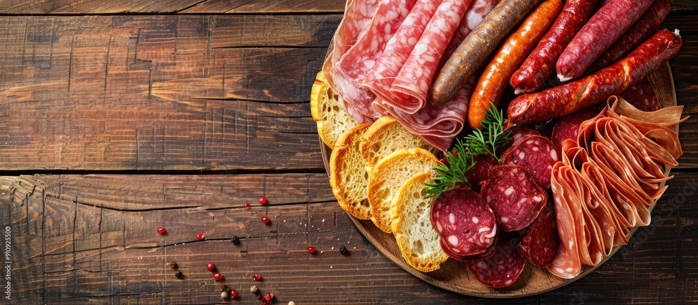 Poster wooden table setting with a variety of sausages like salami bresaola and prosciutto on a charcuterie