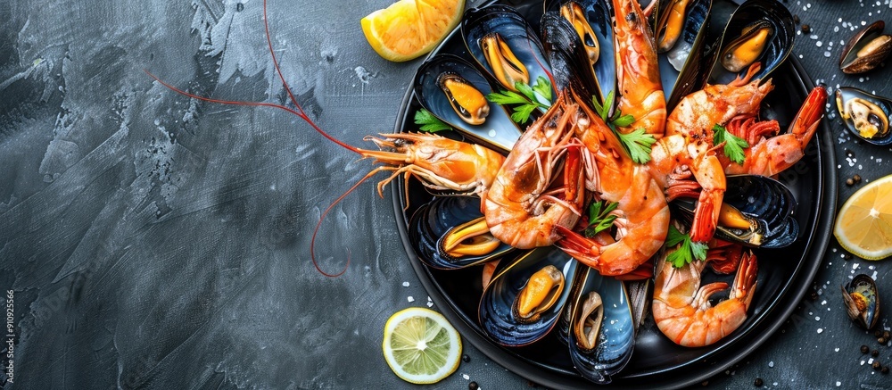 Poster Top view of a plate with a variety of seafood including mussels prawns and squid with free copy space for text or images