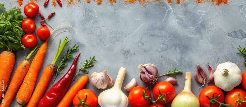 Poster Top view of various fresh vegetables like carrots tomatoes onions garlic and paprika arranged in a healthy nutrition concept background with copy space image