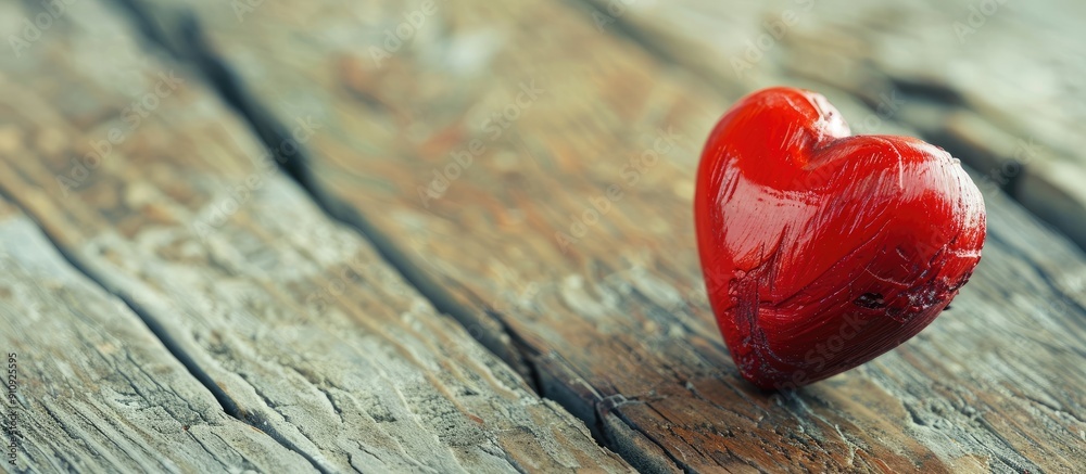 Fototapete Heart shaped object in red on textured wooden surface with copy space image