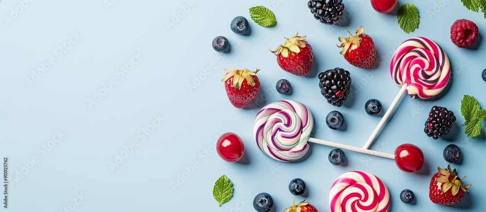 Poster A flat lay featuring sweet and colorful lollipops adorned with berries placed on a light blue backdrop with copy space image