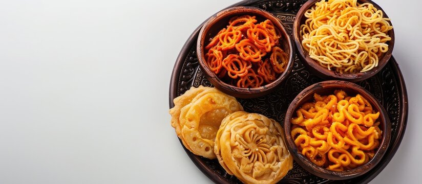Traditional Indian Gujarati snack fafda papdi and jalebi dessert on a white background with a top view perfect for copy space image