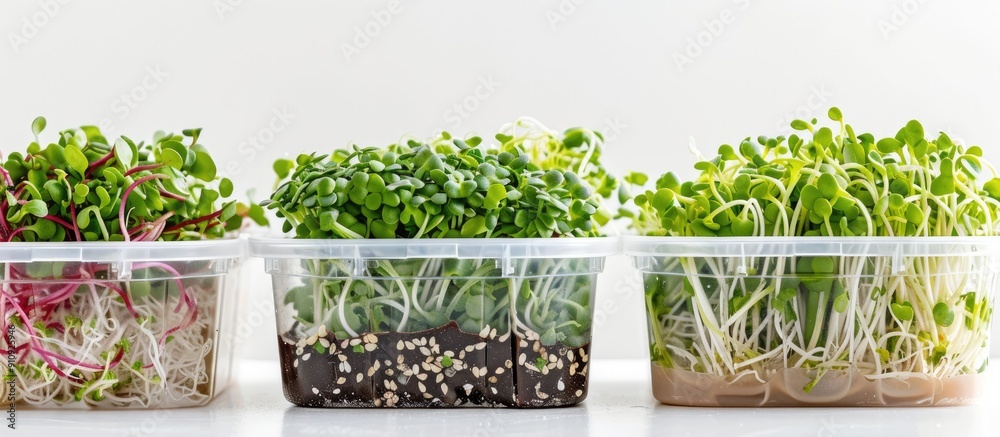 Poster Various sprouts displayed in plastic containers against a white backdrop with copy space image