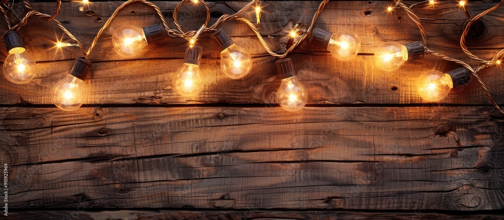 Aufkleber a festive garland of light bulbs on a wooden backdrop with room for text in a copy space image