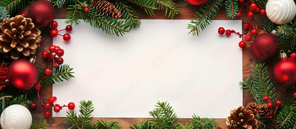Poster background frame with white paper and christmas decorations with copy space image