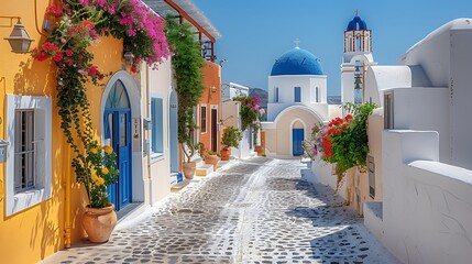 The picturesque streets of Oia, Santorini, with a solo traveler capturing the beauty of the blue-domed churches, white-washed buildings, colorful flowers, and the Aegean Sea under a clear blue sky.