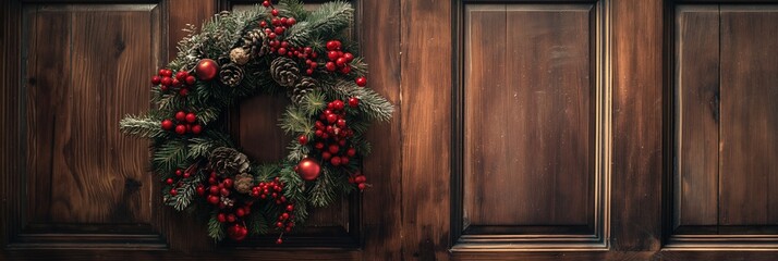 A festive holiday wreath with berries and pine cones, attached to a wooden door panel, evoking a warm sense of tradition and seasonal cheer.